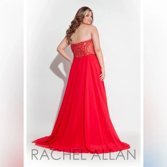 Rachel Allen Strapless Red Chiffon Gown with Beaded Bodice Size 18W